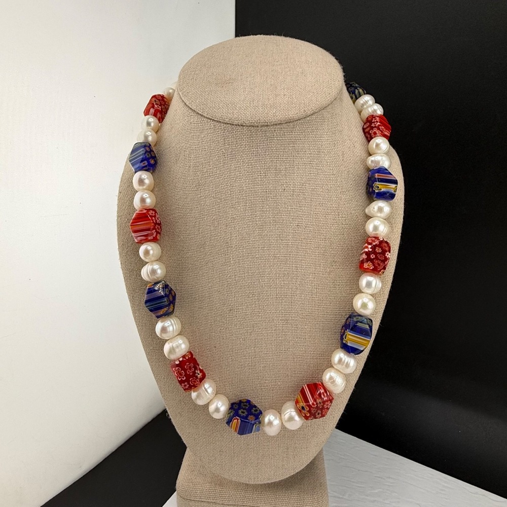 Estate Art Glass Pearl Beaded Necklace Red White Blue Millefiori 21in